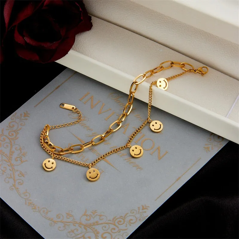 316L Stainless Steel Gold Color 2 Layer Smile Charm Bracelet For Women