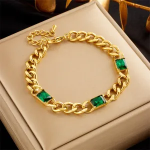 316L Stainless Steel Green Crystal Thick Link Chain Bracelet For Women