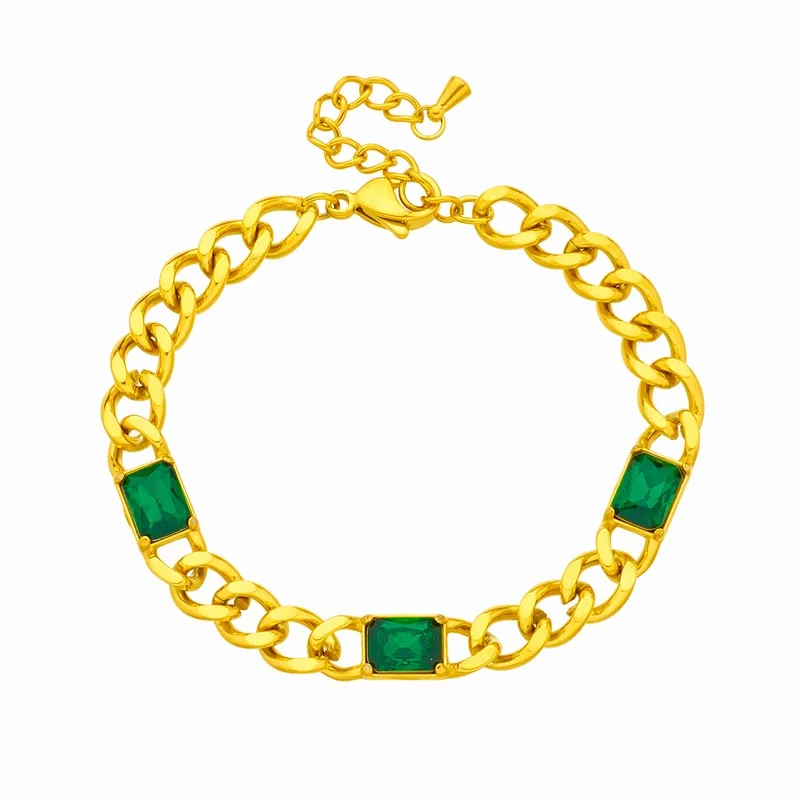 316L Stainless Steel Green Crystal Thick Link Chain Bracelet For Women