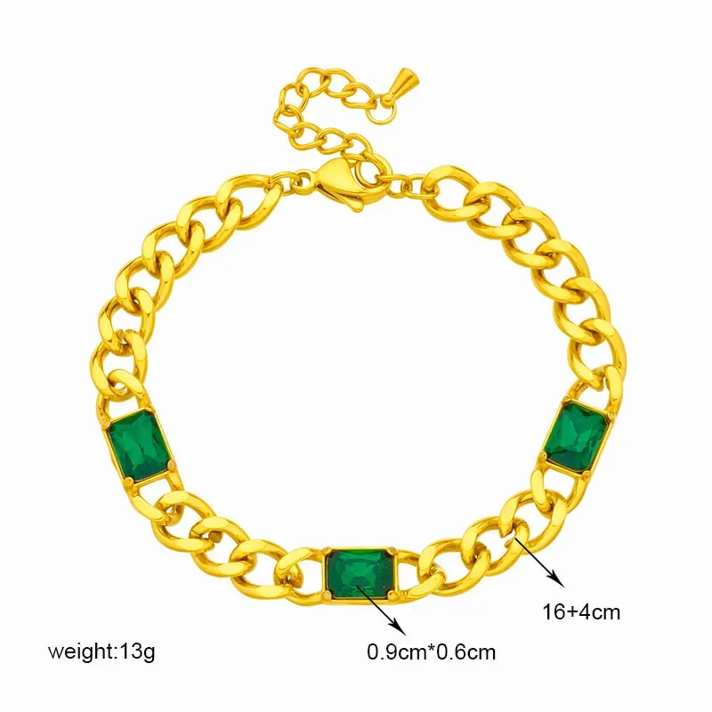 316L Stainless Steel Green Crystal Thick Link Chain Bracelet For Women