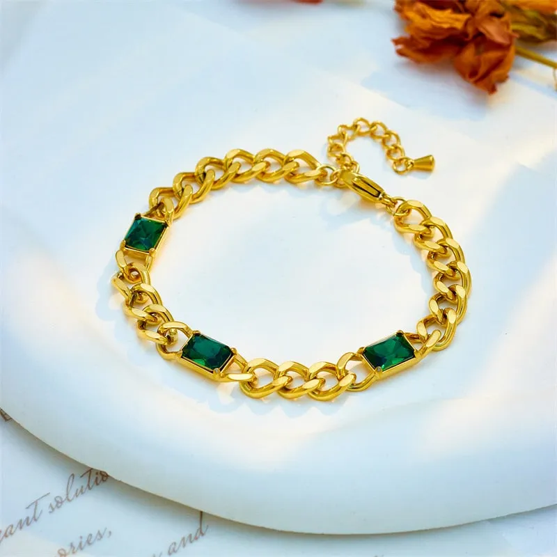316L Stainless Steel Green Crystal Thick Link Chain Bracelet For Women