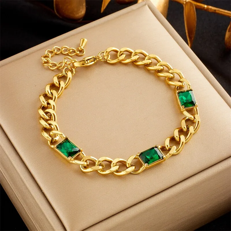 316L Stainless Steel Green Crystal Thick Link Chain Bracelet For Women