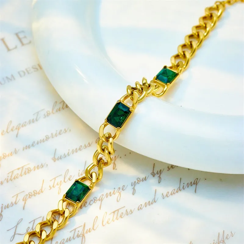 316L Stainless Steel Green Crystal Thick Link Chain Bracelet For Women