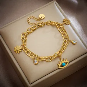 316L Stainless Steel Multilayer Flower Eye Shape Charm Bracelet For Women