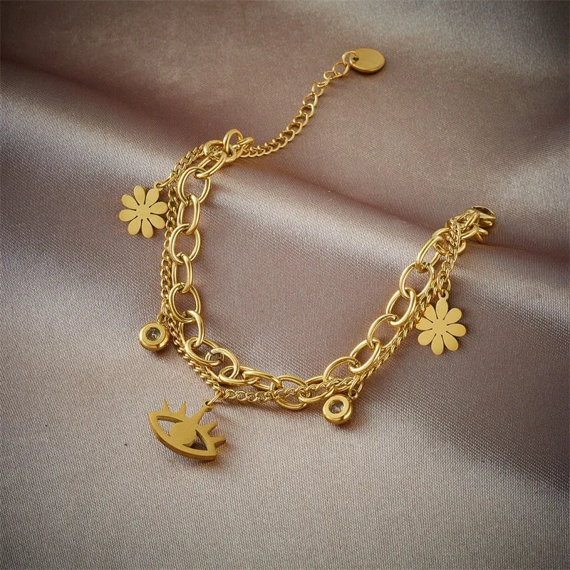 316L Stainless Steel Multilayer Flower Eye Shape Charm Bracelet For Women
