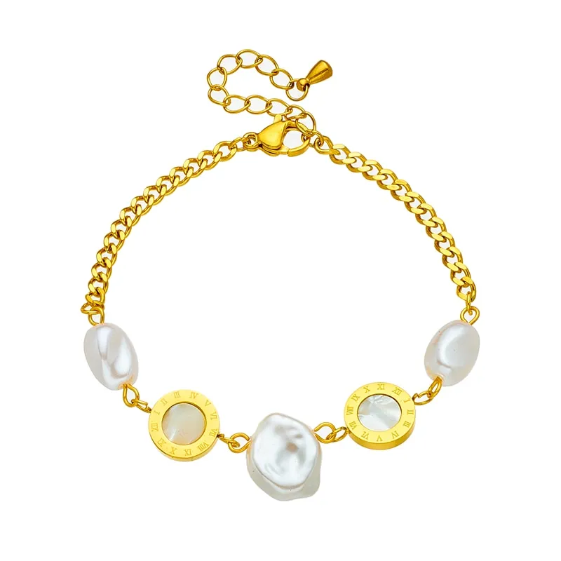 316L Stainless Steel Roman Numeral Big Pearl Charm Bracelet For Women