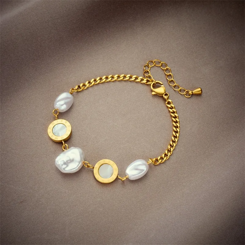 316L Stainless Steel Roman Numeral Big Pearl Charm Bracelet For Women