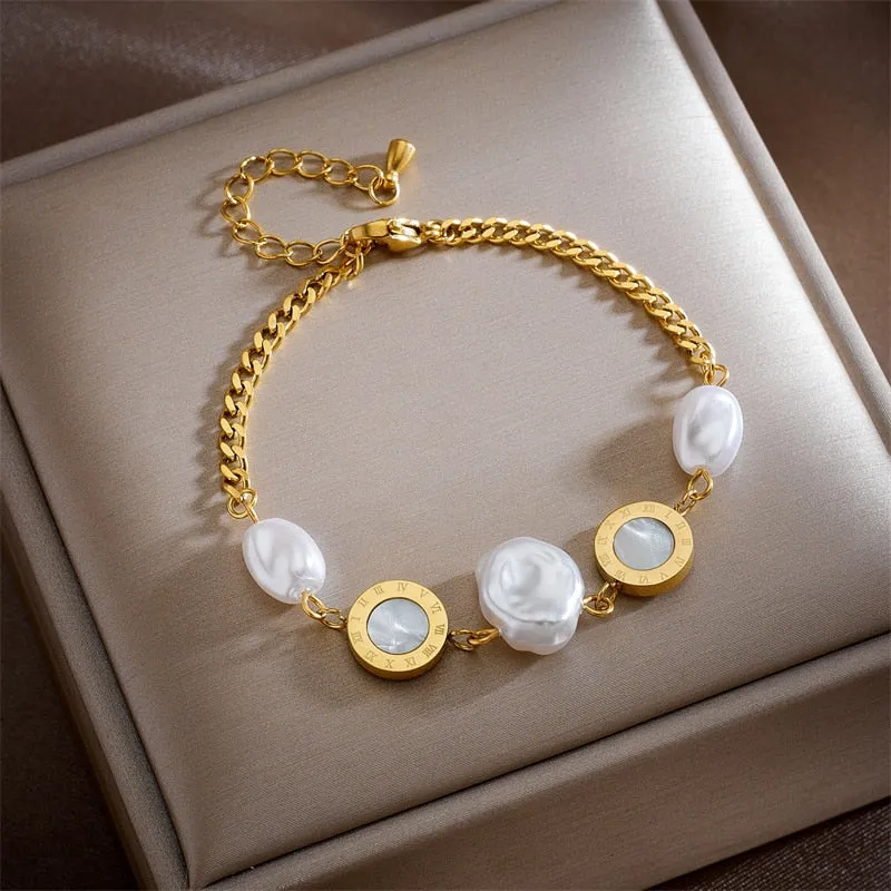 316L Stainless Steel Roman Numeral Big Pearl Charm Bracelet For Women