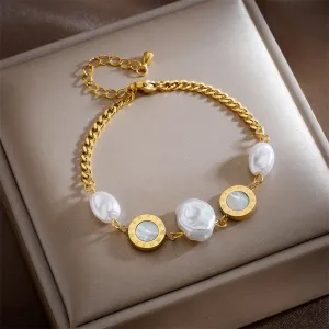 316L Stainless Steel Roman Numeral Big Pearl Charm Bracelet For Women