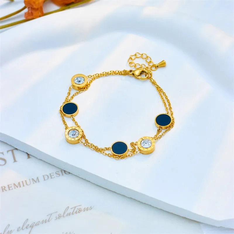 316L Stainless Steel Roman Numeral Zircon Charm Bracelet For Women