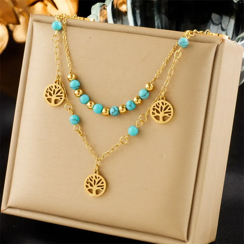 316L Stainless Steel Round Tree Green Stone Beads Necklace Anklets For Women