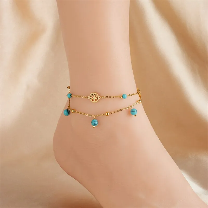 316L Stainless Steel Round Tree Green Stone Beads Necklace Anklets For Women