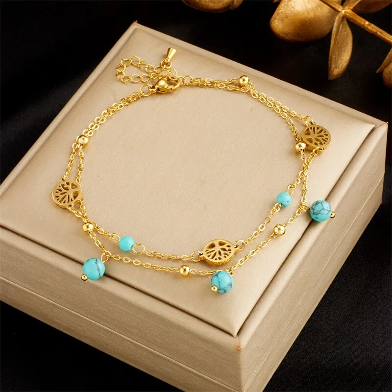 316L Stainless Steel Round Tree Green Stone Beads Necklace Anklets For Women