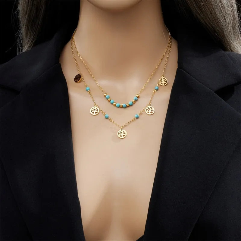 316L Stainless Steel Round Tree Green Stone Beads Necklace Anklets For Women