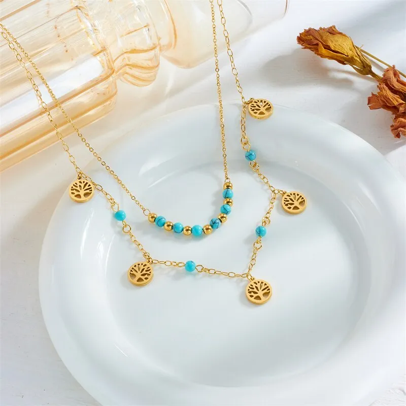 316L Stainless Steel Round Tree Green Stone Beads Necklace Anklets For Women