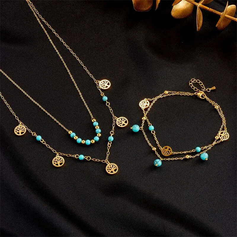 316L Stainless Steel Round Tree Green Stone Beads Necklace Anklets For Women