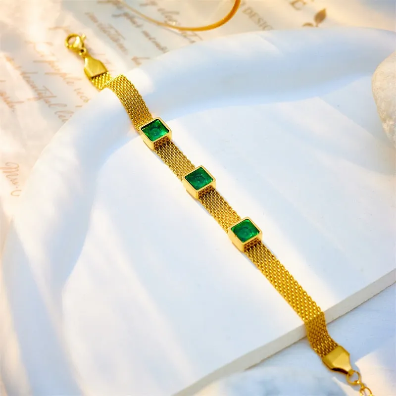 316L Stainless Steel Square Green Crystal Zircon Bangle Bracelet For Women