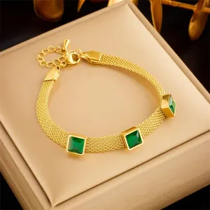 316L Stainless Steel Square Green Crystal Zircon Bangle Bracelet For Women