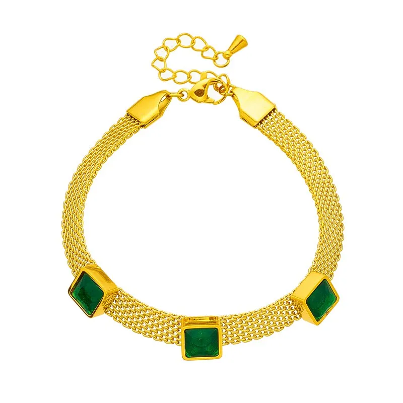 316L Stainless Steel Square Green Crystal Zircon Bangle Bracelet For Women