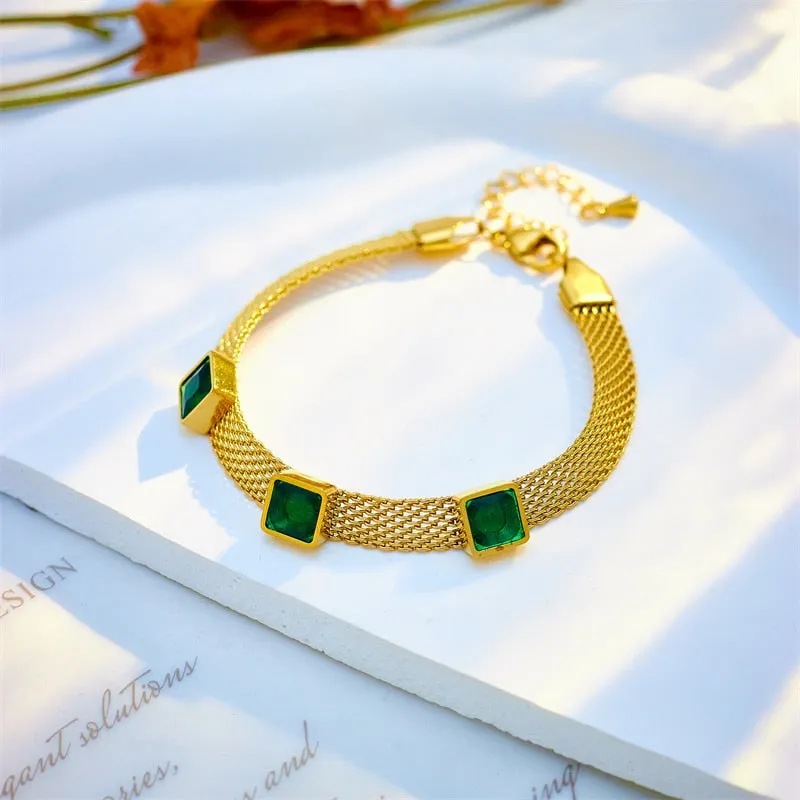 316L Stainless Steel Square Green Crystal Zircon Bangle Bracelet For Women