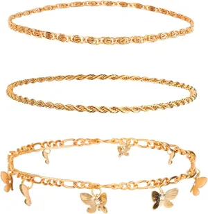 3pcs Ankle Bracelets for Women, Alloy Waterproof Lightweight Butterfly Spiral Chain Three Styles Anklets Set Foot Jewelry for Women Girls Summer Beach Graduations