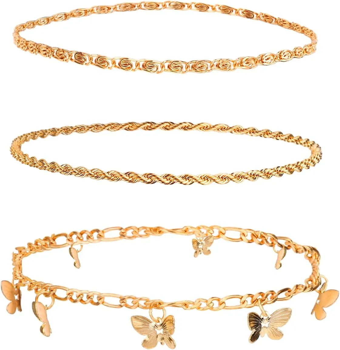 3pcs Ankle Bracelets for Women, Alloy Waterproof Lightweight Butterfly Spiral Chain Three Styles Anklets Set Foot Jewelry for Women Girls Summer Beach Graduations
