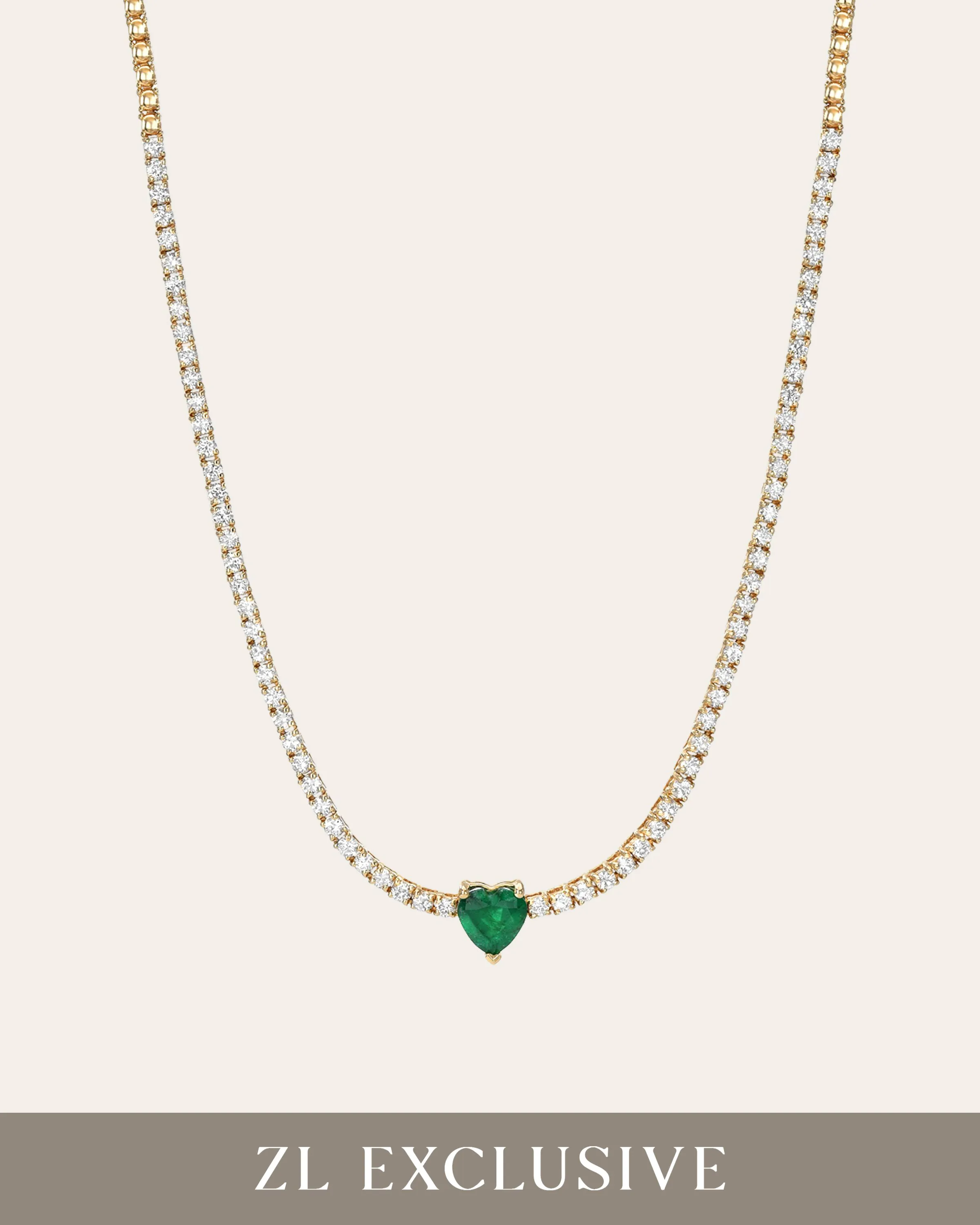 4 Prong Diamond Tennis Necklace with Heart Cut Emerald - Custom Order