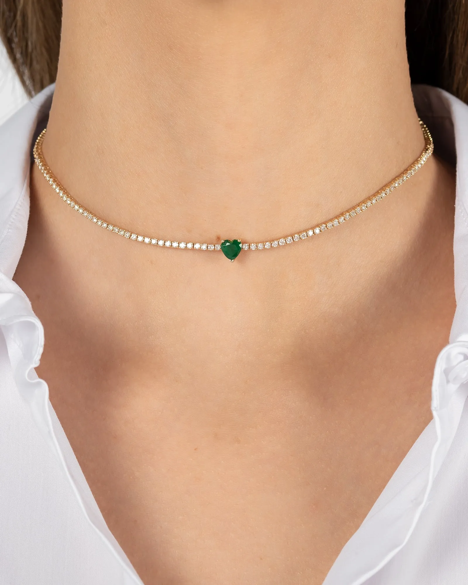 4 Prong Diamond Tennis Necklace with Heart Cut Emerald - Custom Order