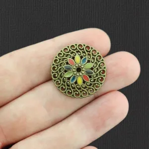 4 Vibrant Filigree Connector Antique Bronze Tone Enamel Charms - E1026