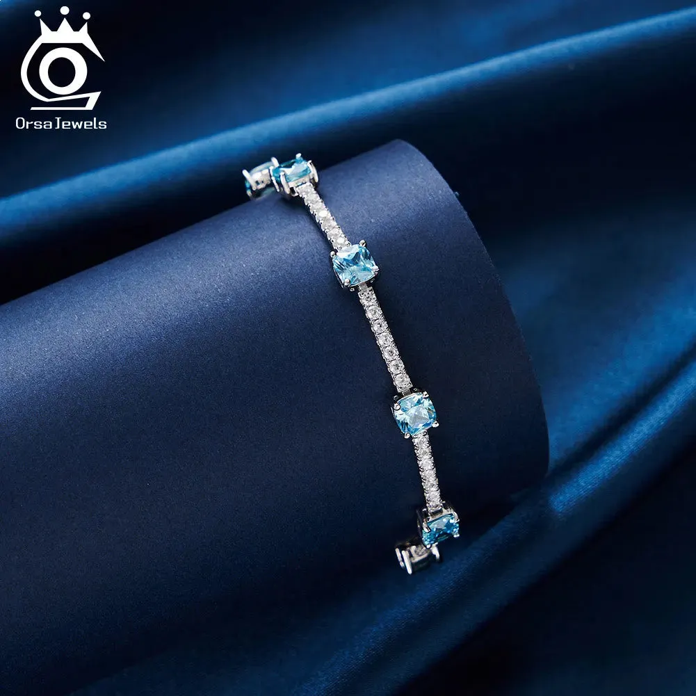 5A Clear CZ Created Aquamarine Chain Bracelet