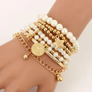 6pcs/set Fashion Gold Color Beads Pearl Star Multilayer Beaded