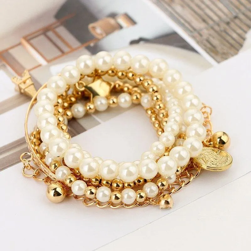 6pcs/set Fashion Gold Color Beads Pearl Star Multilayer Beaded