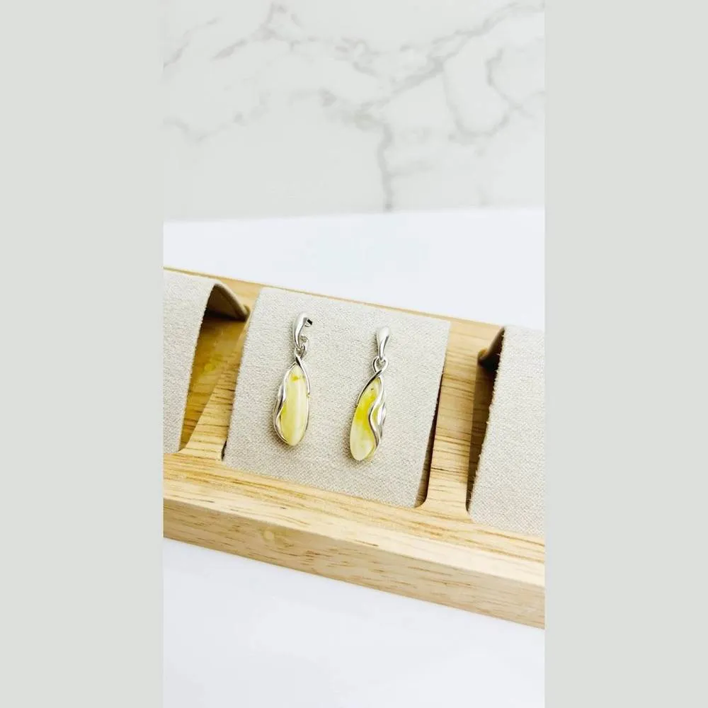 925 Sterling Silver & Genuine Baltic Amber Modern Studs Dangling Earrings - GL1020