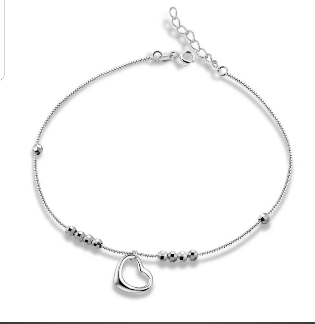 925 Sterling Silver Simple Heart Beads Anklet Bracelet-* Clearance *