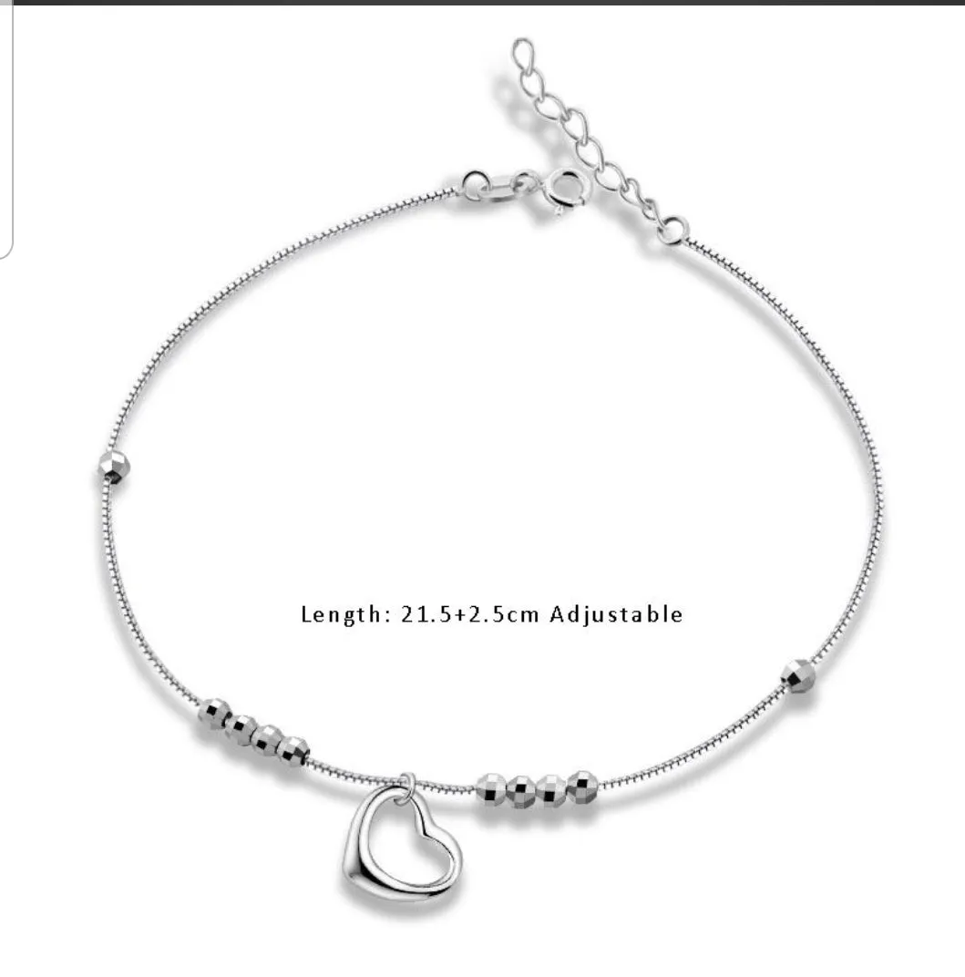 925 Sterling Silver Simple Heart Beads Anklet Bracelet-* Clearance *