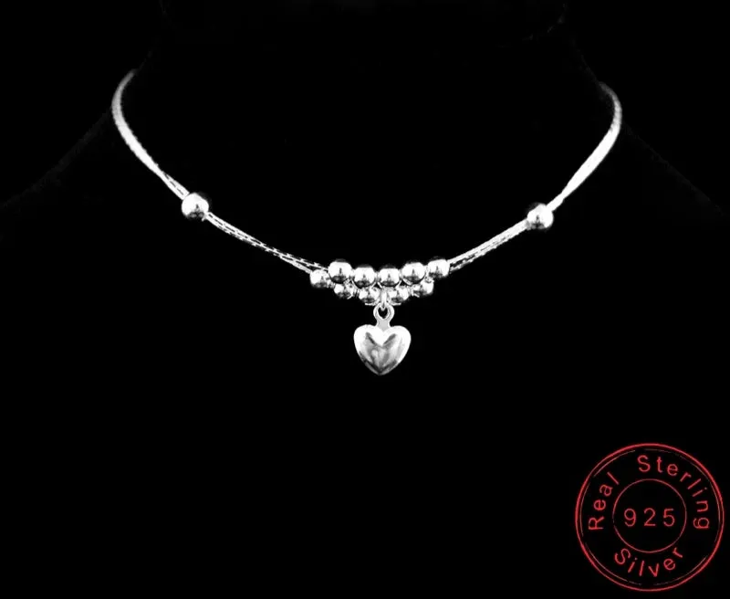 925 Sterling Silver Simple Heart Beads Anklet Bracelet