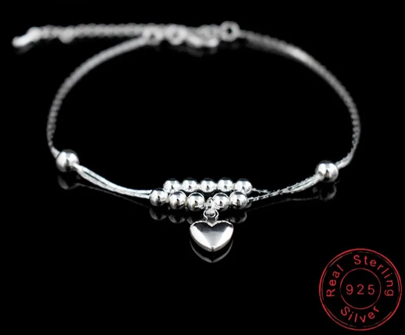 925 Sterling Silver Simple Heart Beads Anklet Bracelet