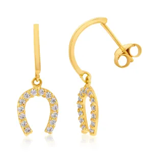 9ct Yellow Gold Zirconia Horseshoe Drop Earrings