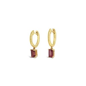 9k Yellow Gold Emerald Cut Rhodolite Garnet Huggie Earrings