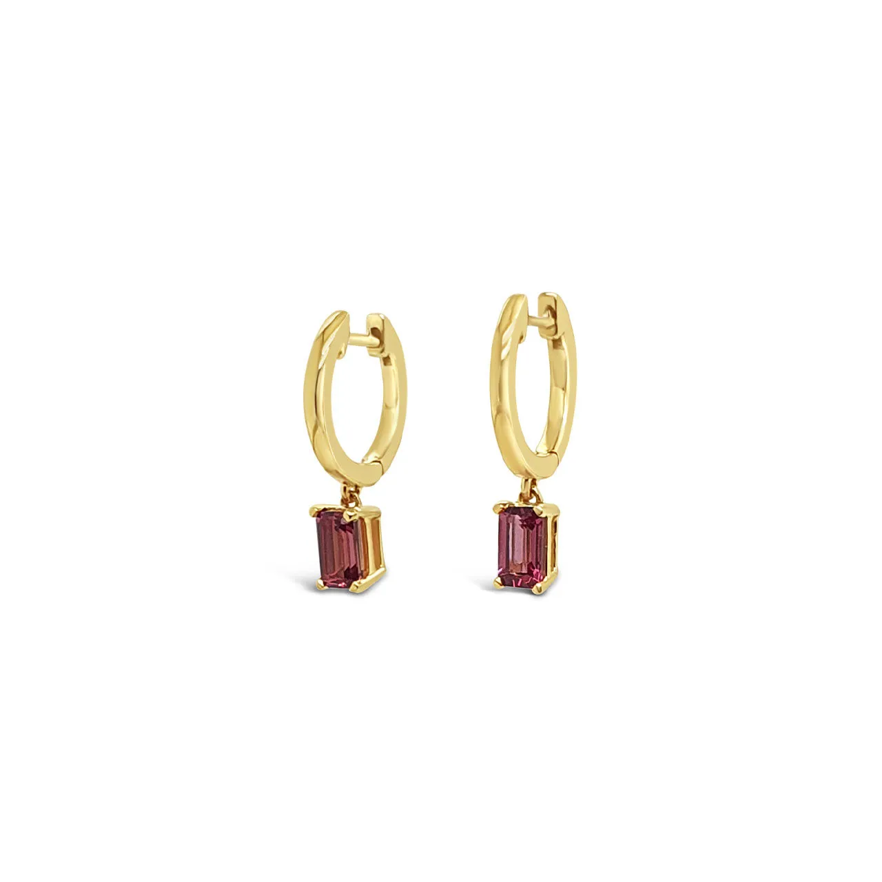 9k Yellow Gold Emerald Cut Rhodolite Garnet Huggie Earrings