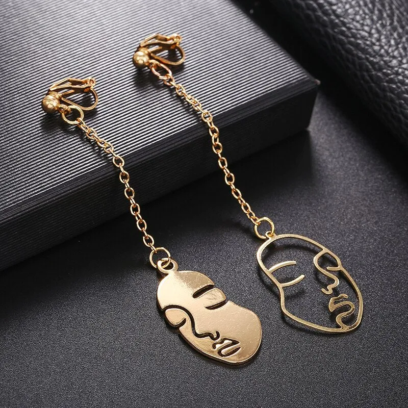 Abstract Stylish Hollow Out Face Clip Earrings Without Piercing Girls Statement Charm Earrings