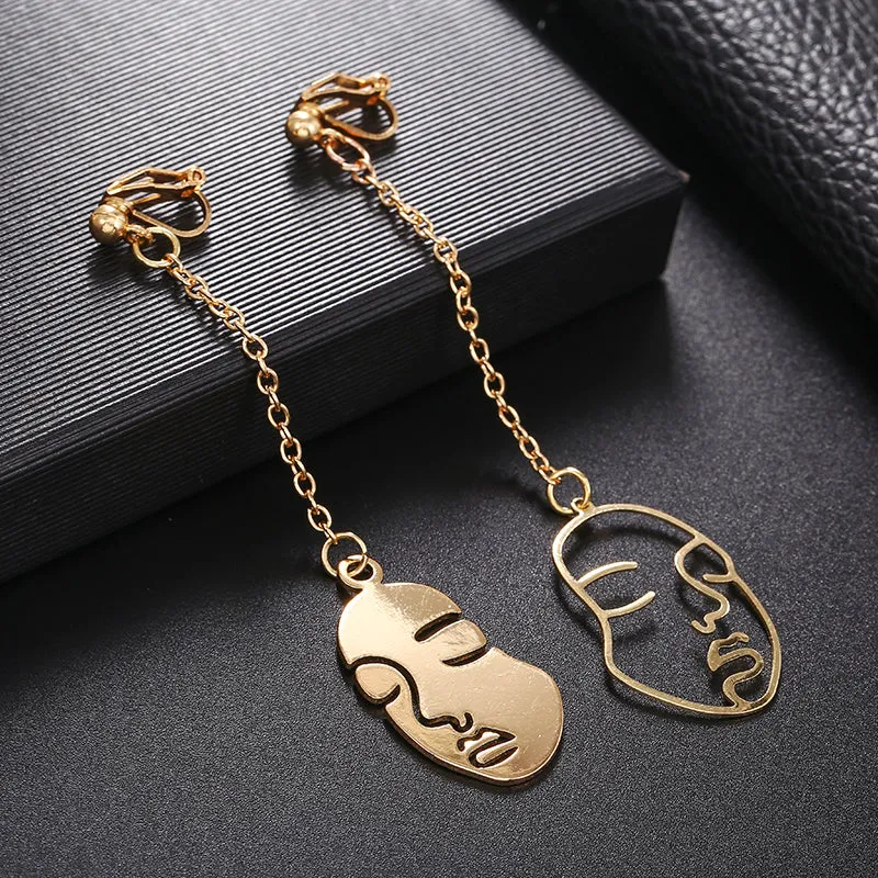 Abstract Stylish Hollow Out Face Clip Earrings Without Piercing Girls Statement Charm Earrings