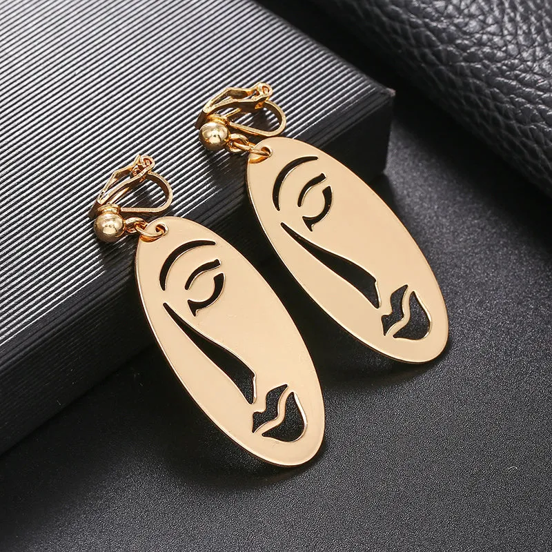 Abstract Stylish Hollow Out Face Clip Earrings Without Piercing Girls Statement Charm Earrings