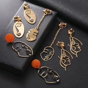 Abstract Stylish Hollow Out Face Clip Earrings Without Piercing Girls Statement Charm Earrings