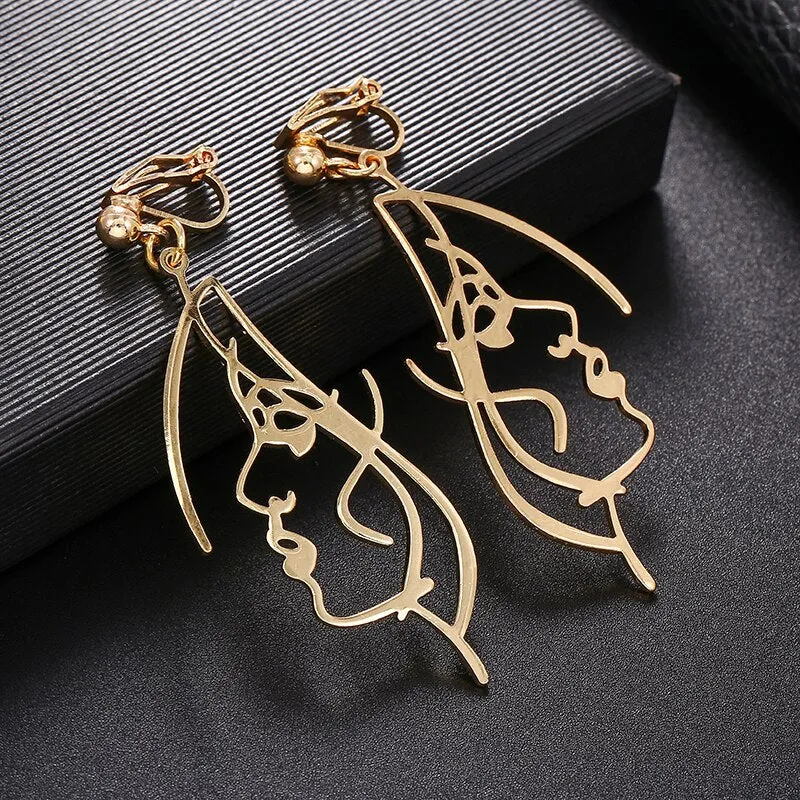 Abstract Stylish Hollow Out Face Clip Earrings Without Piercing Girls Statement Charm Earrings