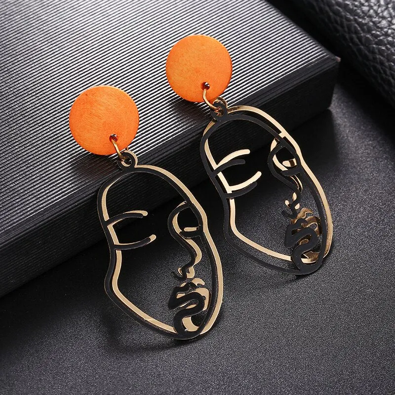 Abstract Stylish Hollow Out Face Clip Earrings Without Piercing Girls Statement Charm Earrings