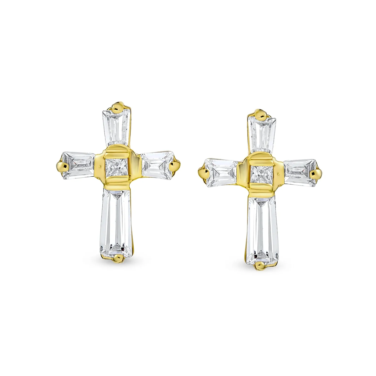 Accent CZ Baguette Cross Stud Earrings for MenYellow 14K Gold Sterling Silver