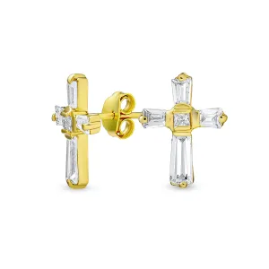 Accent CZ Baguette Cross Stud Earrings for MenYellow 14K Gold Sterling Silver