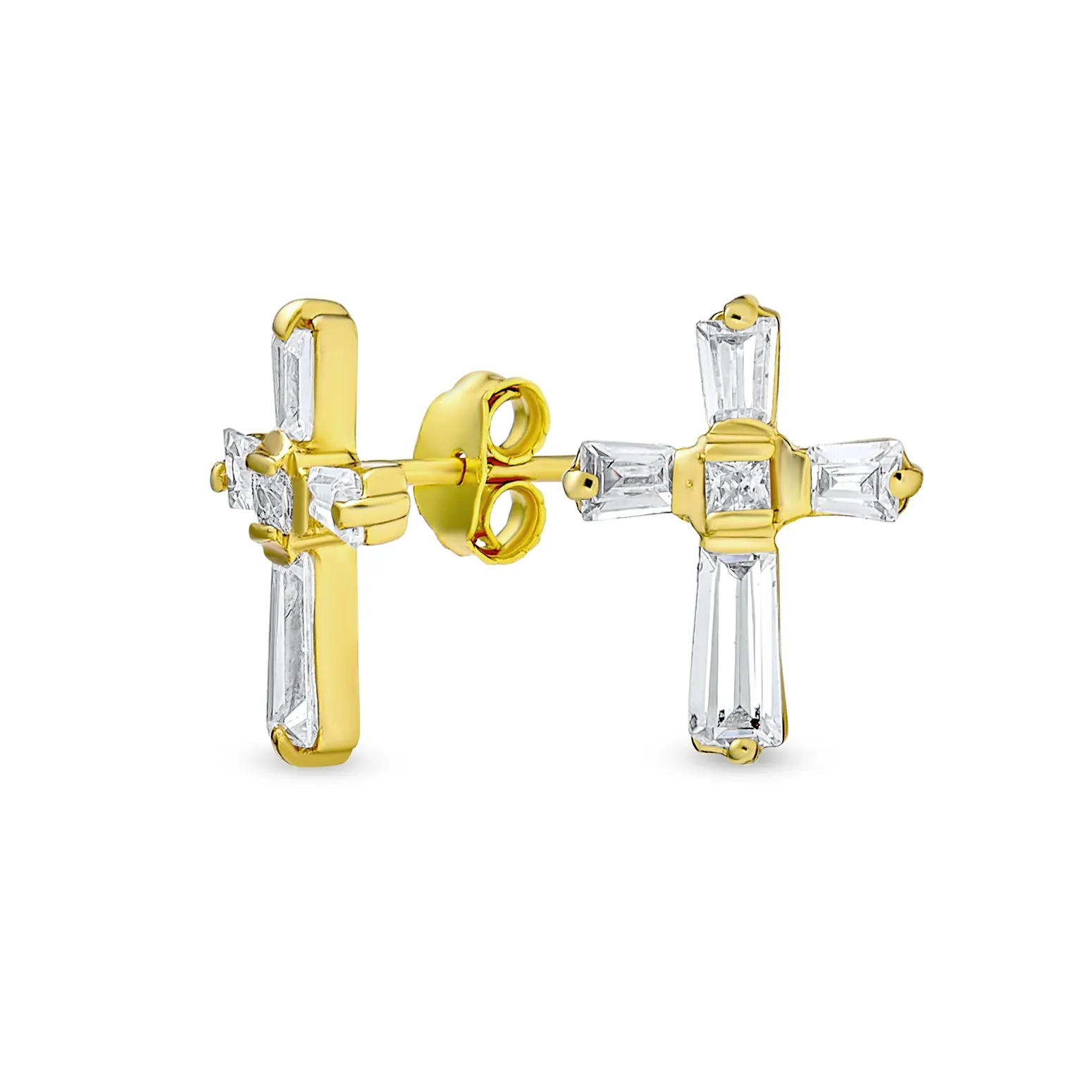 Accent CZ Baguette Cross Stud Earrings for MenYellow 14K Gold Sterling Silver