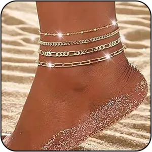 Adzoni Layered Gold Anklets for Women Large Ankle 14K Real Gold Dainty Anklets Waterproof Adjustable Ankle Bracelets Summer Beach Ankle Bracelets for Women